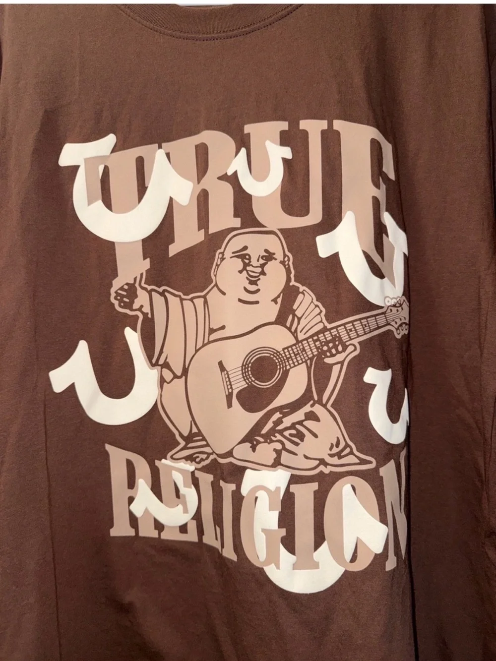 True Religion Brown Tee with Beige Buddha Guitar Graphic